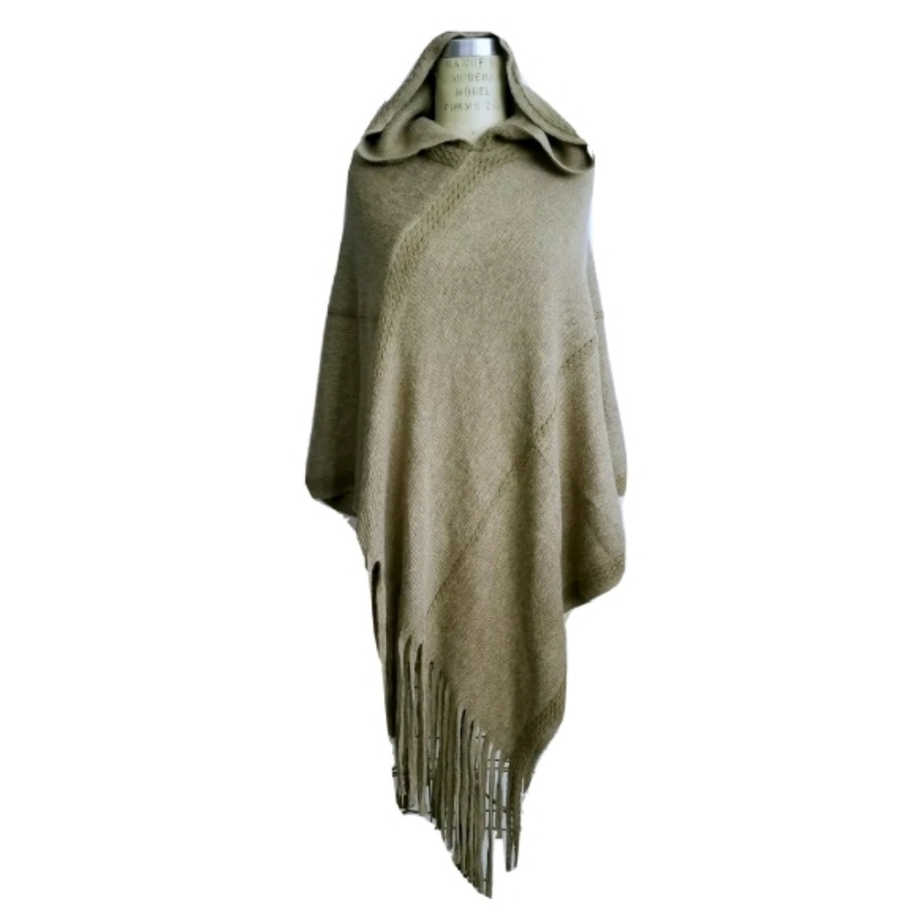 NEW Khaki Long Asymmetric Poncho w/ Hood, 1 sz - Picture 5 of 10